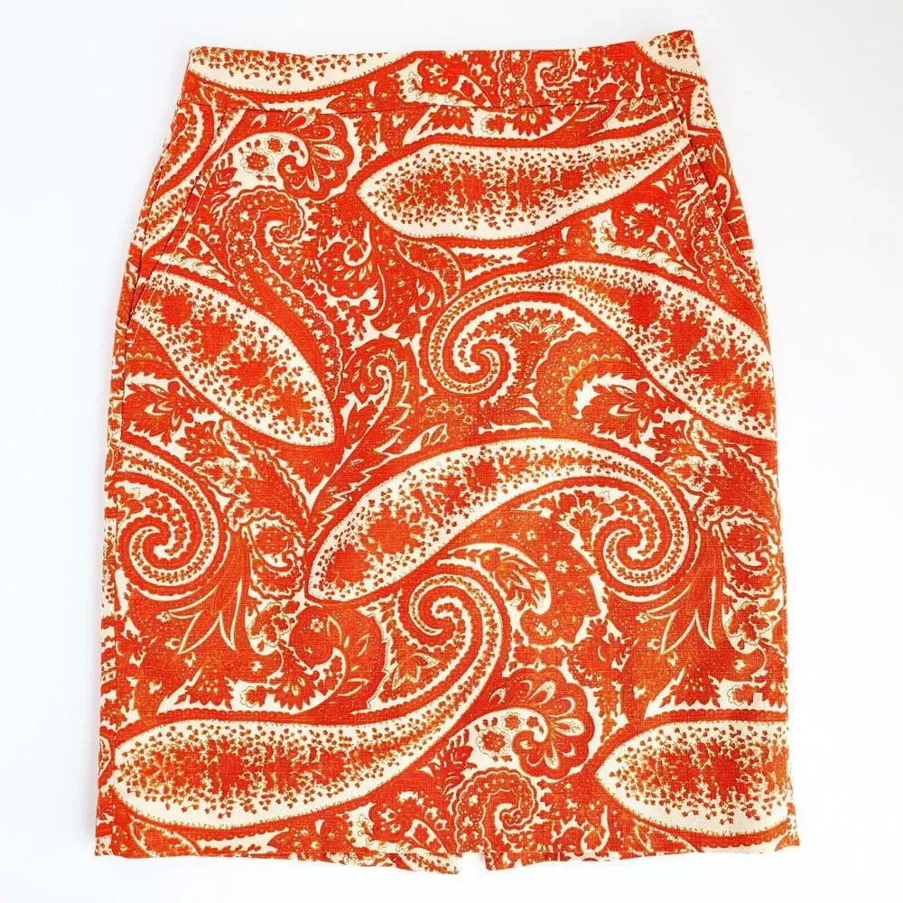 J Crew Paisley Pencil Skirt Womens 0 Fully Lined Orange/White Cotton Blend